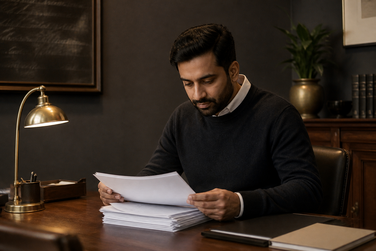 Payroll administrator reviewing payslips at a desk