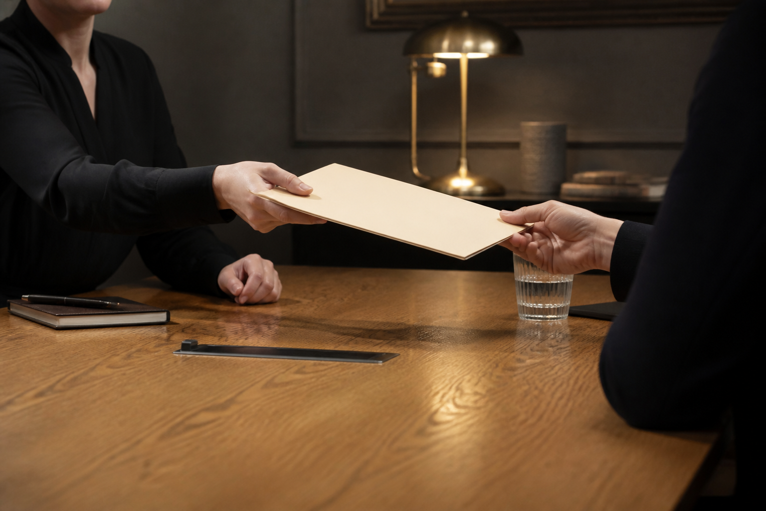 Colleagues handing over documents in a meeting
